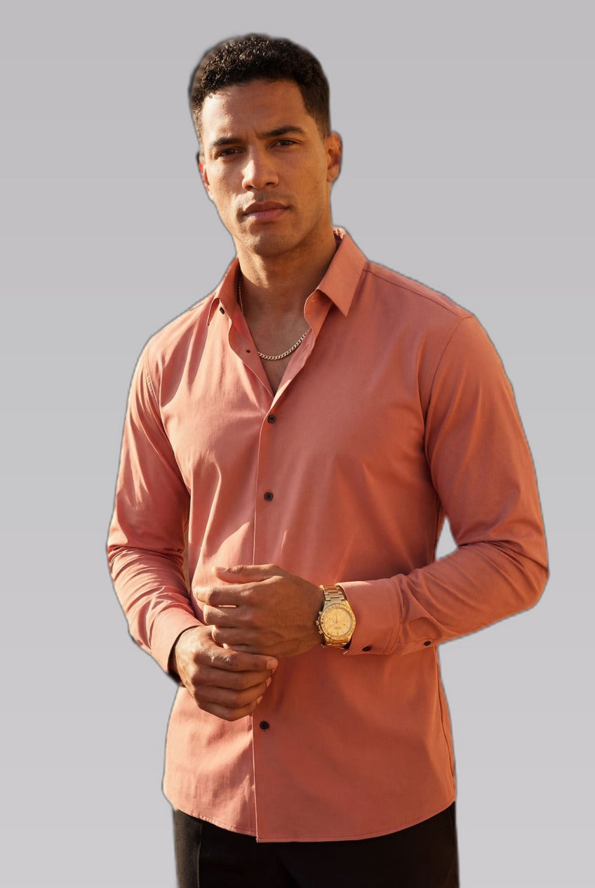 Men's Astro Dust Stretch Dress Shirt — on model against a pale grey studio backdrop