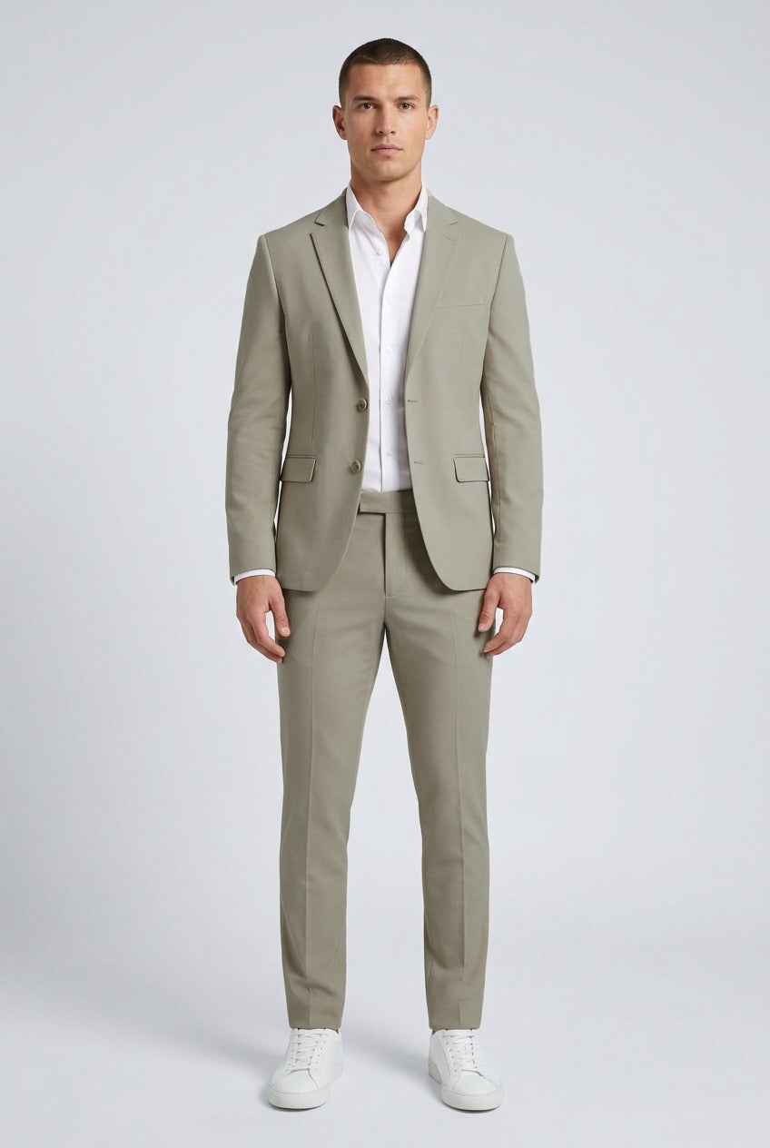 Men's Slim-Fit Beige Stretch Suit — on model with matching trousers, white shirt and white sneakers