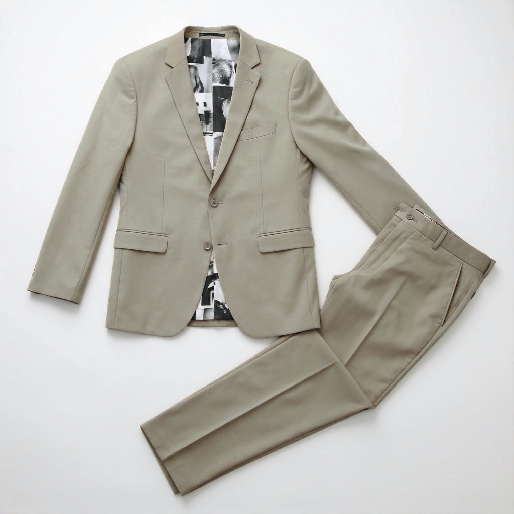 Men's Slim-Fit Beige Stretch Suit laid flat with matching trousers