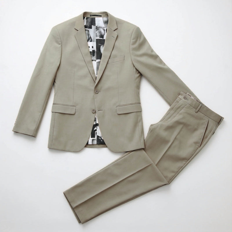 Men's Slim-Fit Beige Stretch Suit laid flat with matching trousers