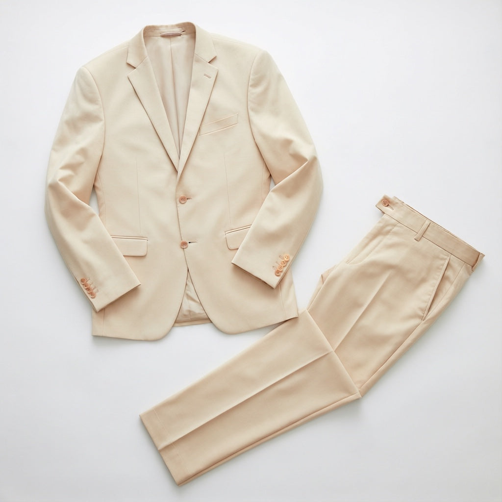 Men's Beige Tailored Stretch Suit laid flat with matching trousers