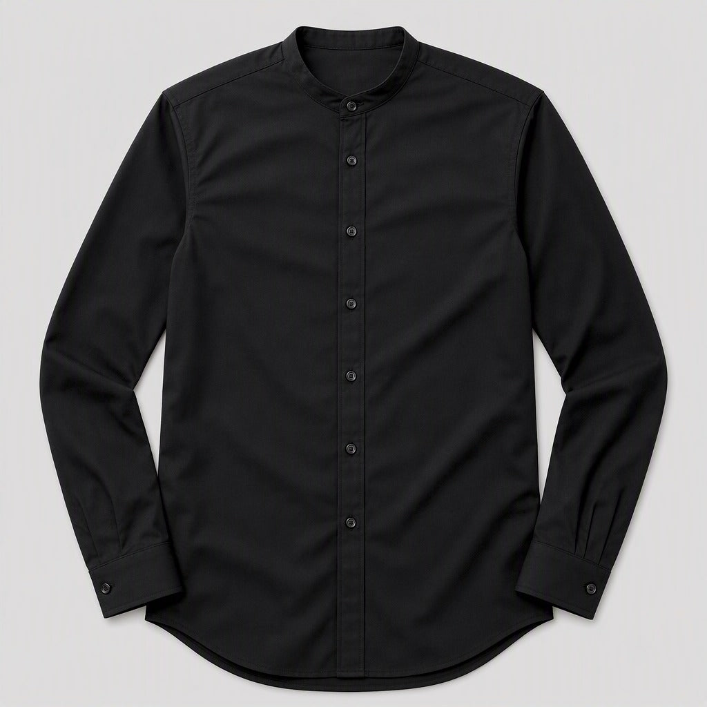 Men's Black Collarless Stretch Dress Shirt laid flat, front view, band collar with seven-button placket