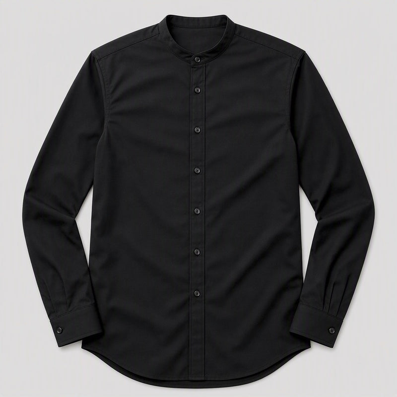Men's Black Collarless Stretch Dress Shirt laid flat, front view, band collar with seven-button placket