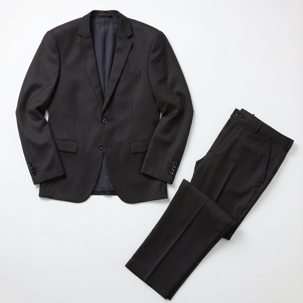 Men's Black Motion Stretch Suit laid flat with matching trousers