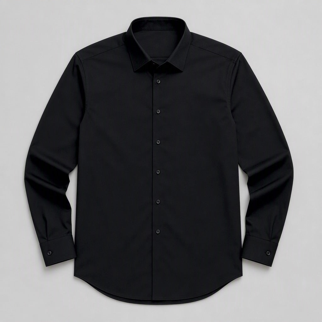 Men's Black Stretch Dress Shirt — laid flat, front view, pointed collar and seven-button placket