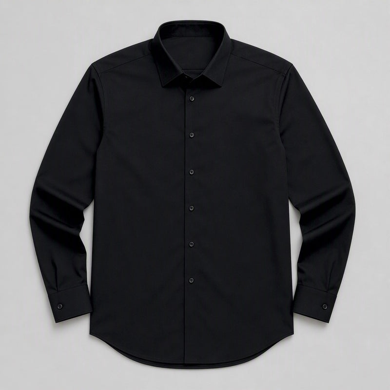 Men's Black Stretch Dress Shirt — laid flat, front view, pointed collar and seven-button placket