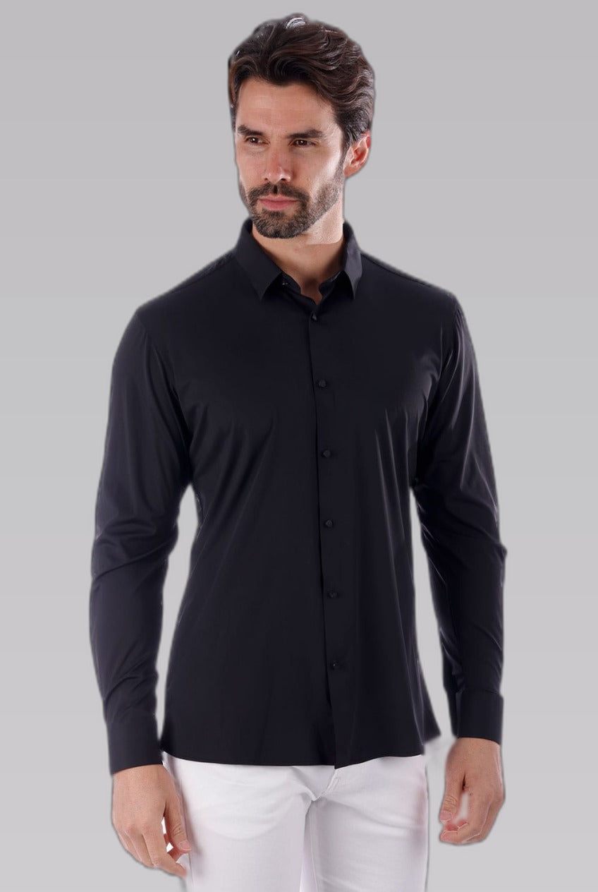Men's Black Stretch Dress Shirt — on model against a pale grey studio backdrop