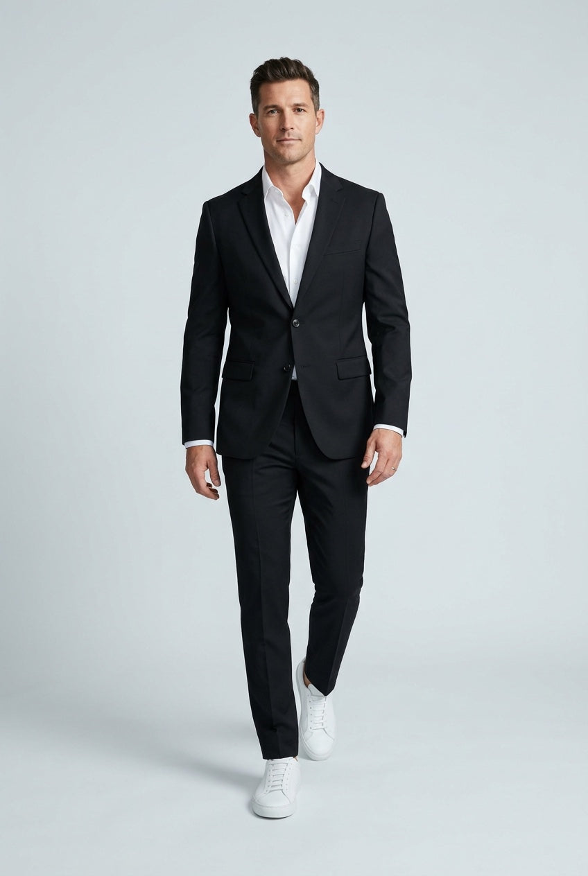 Men's Slim-Fit Black Stretch Suit — on model with matching trousers, white shirt and white sneakers