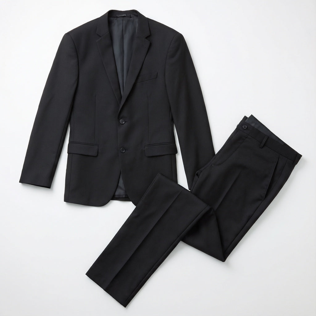 Men's Slim-Fit Black Stretch Suit laid flat with matching trousers
