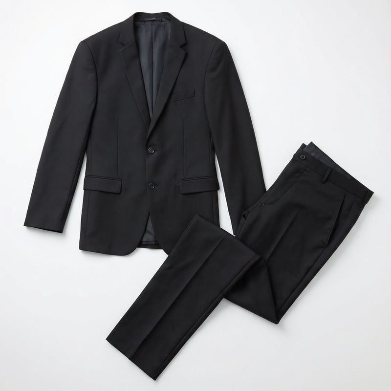 Men's Slim-Fit Black Stretch Suit laid flat with matching trousers