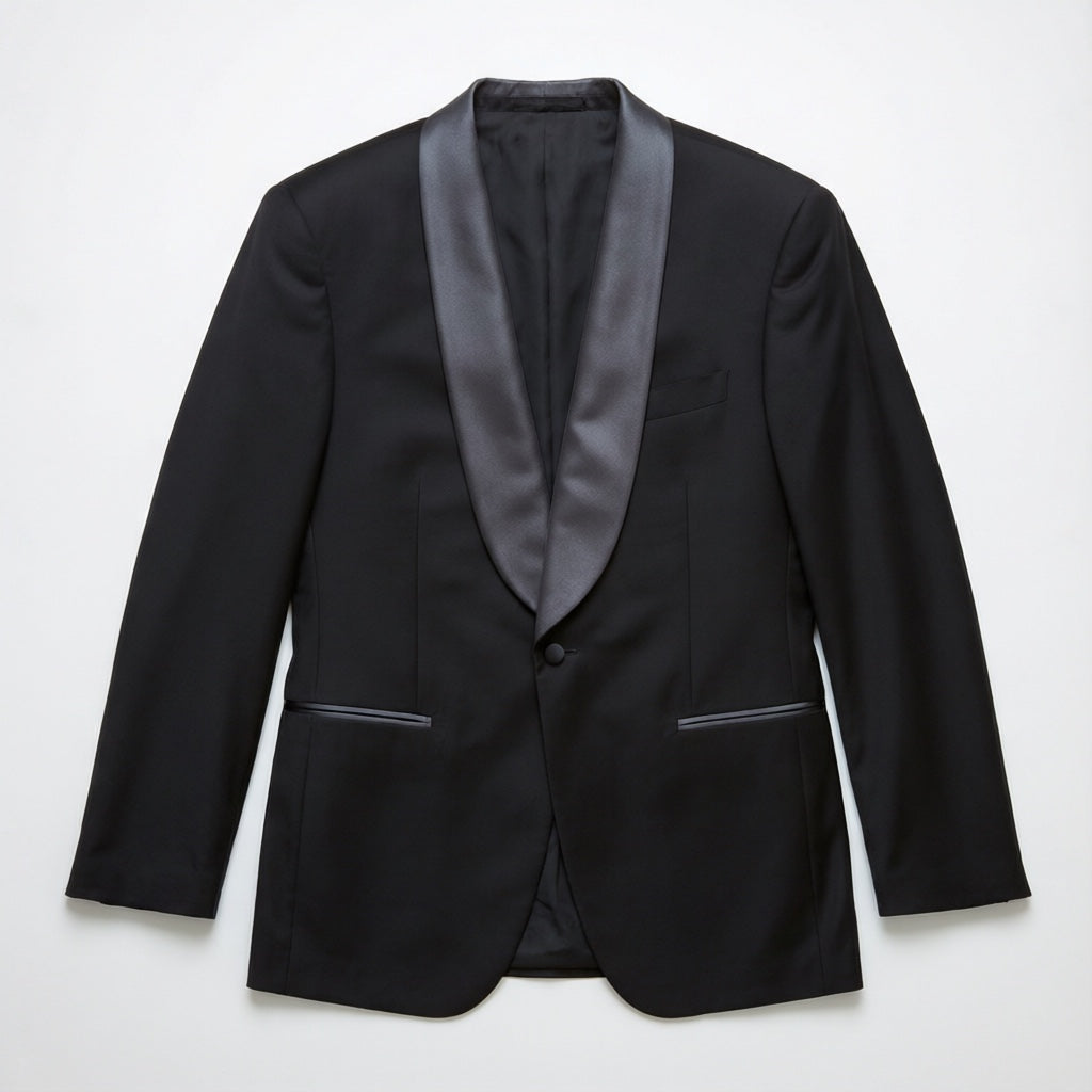 Men's Black Stretch Tuxedo Jacket - Grey Satin Shawl Lapel laid flat