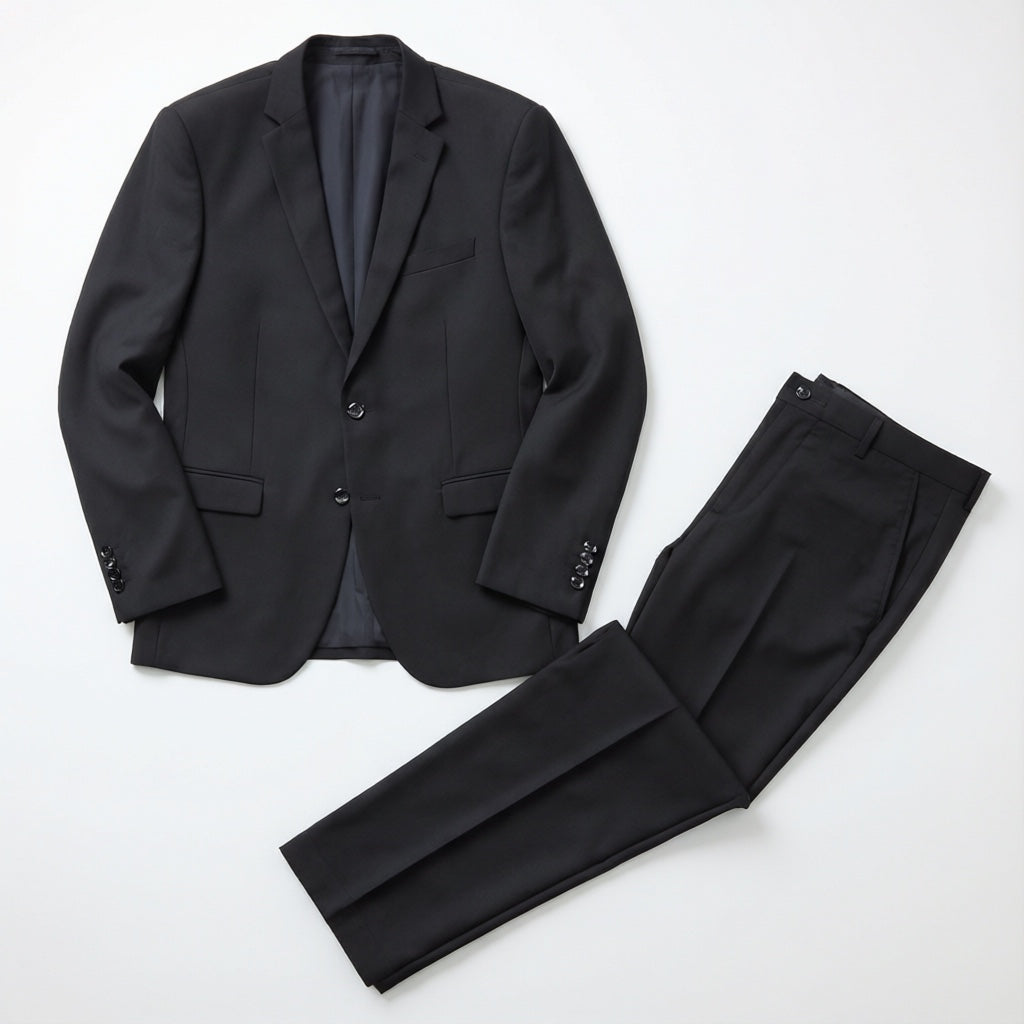 Men's Black Tailored Stretch Suit laid flat with matching trousers