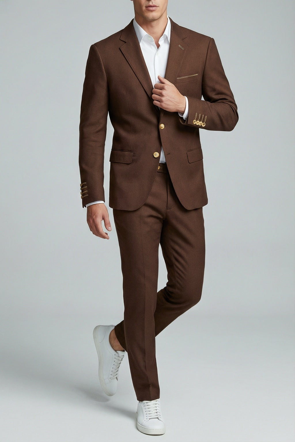 Men's Brown Motion Stretch Suit — on model with white shirt and white sneakers