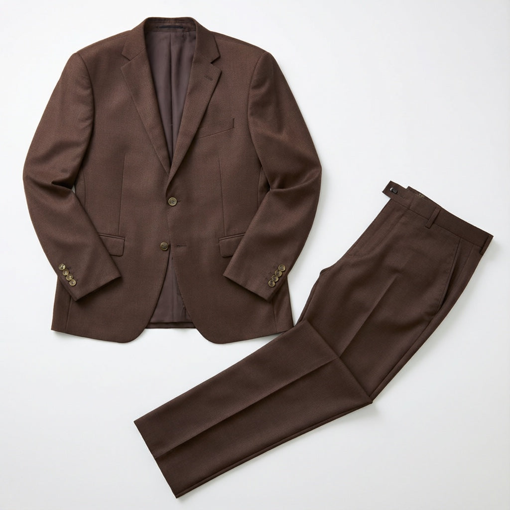 Men's Brown Motion Stretch Suit laid flat with matching trousers