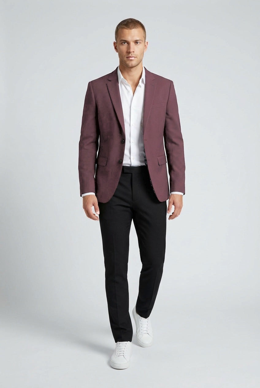 Men's Slim-Fit Burgundy Stretch Blazer — on model with contrasting black trousers, white shirt and white sneakers
