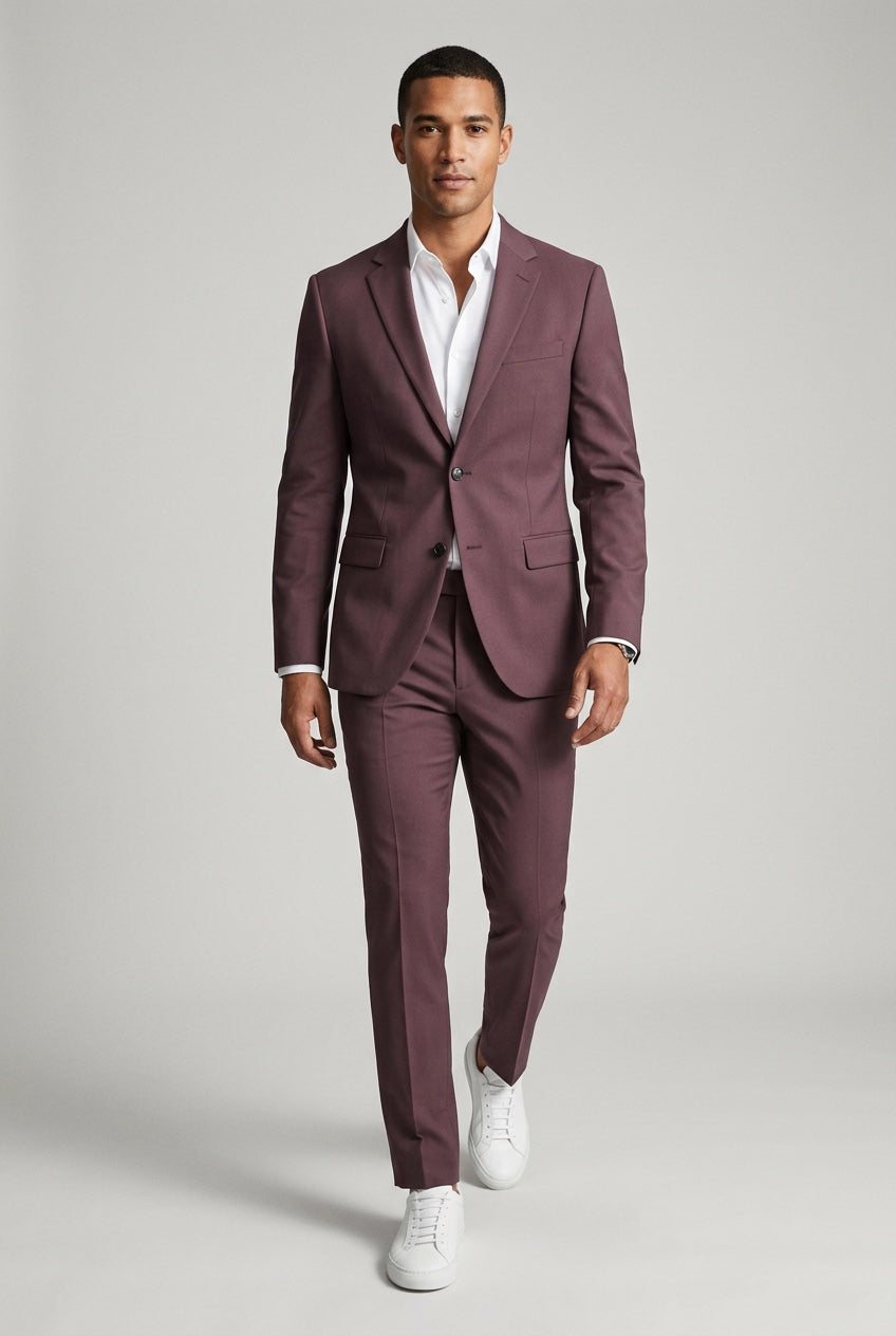 Men's Slim-Fit Burgundy Stretch Suit — on model with matching trousers, white shirt and white sneakers