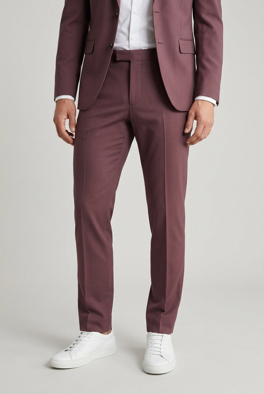 Men's Slim-Fit Burgundy Stretch Suit — matching trousers, slim-fit leg and hem detail with white sneakers