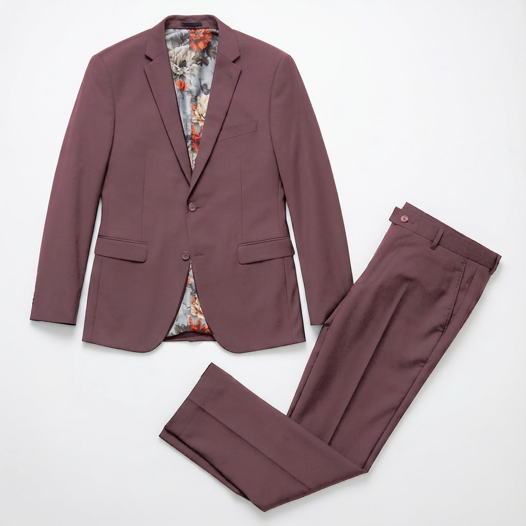 Men's Slim-Fit Burgundy Stretch Suit laid flat with matching trousers
