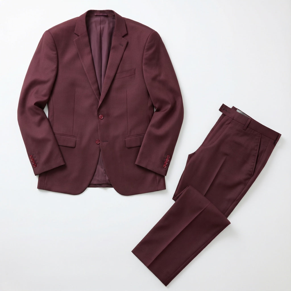 Men's Burgundy Tailored Stretch Suit laid flat with matching trousers