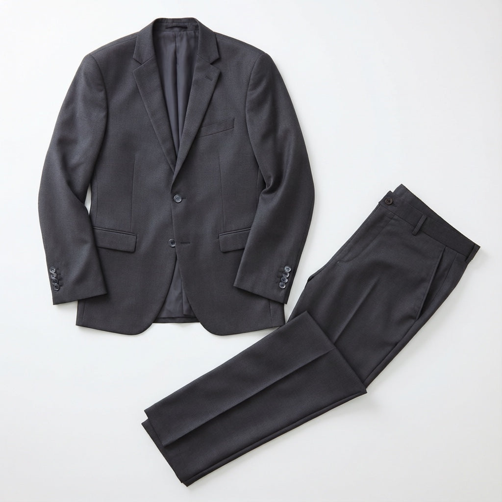 Men's Charcoal Motion Stretch Suit laid flat with matching trousers