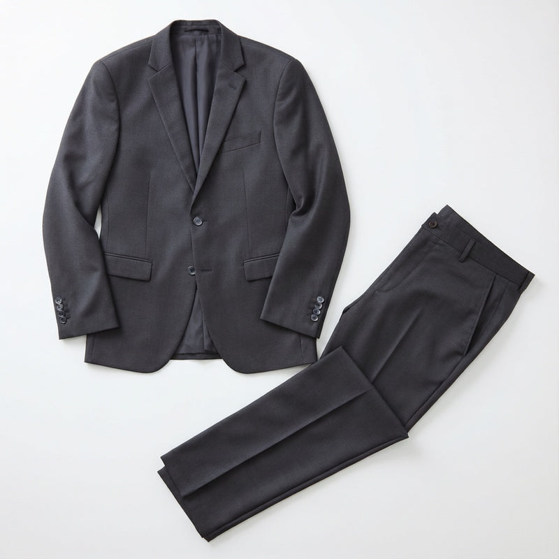 Men's Charcoal Motion Stretch Suit laid flat with matching trousers