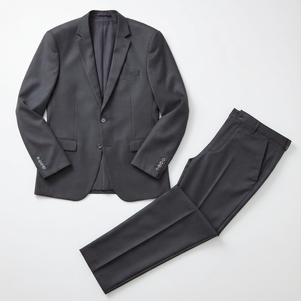 Men's Charcoal Tailored Stretch Suit laid flat with matching trousers