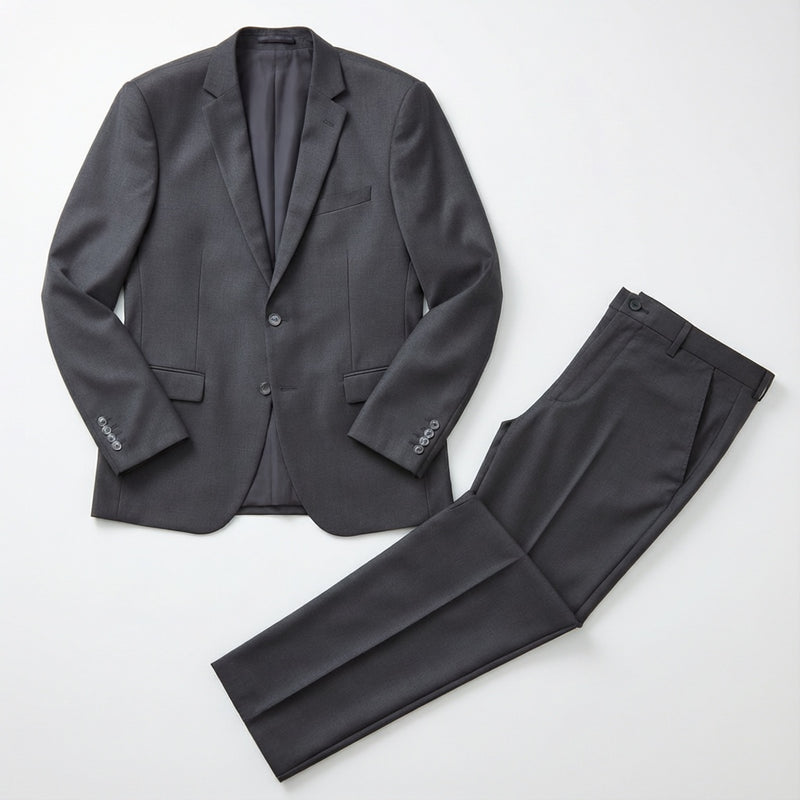 Men's Charcoal Tailored Stretch Suit laid flat with matching trousers