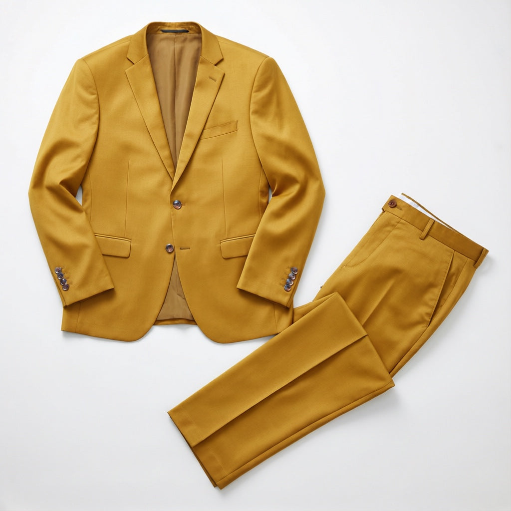 Men's Gold Motion Stretch Suit laid flat with matching trousers