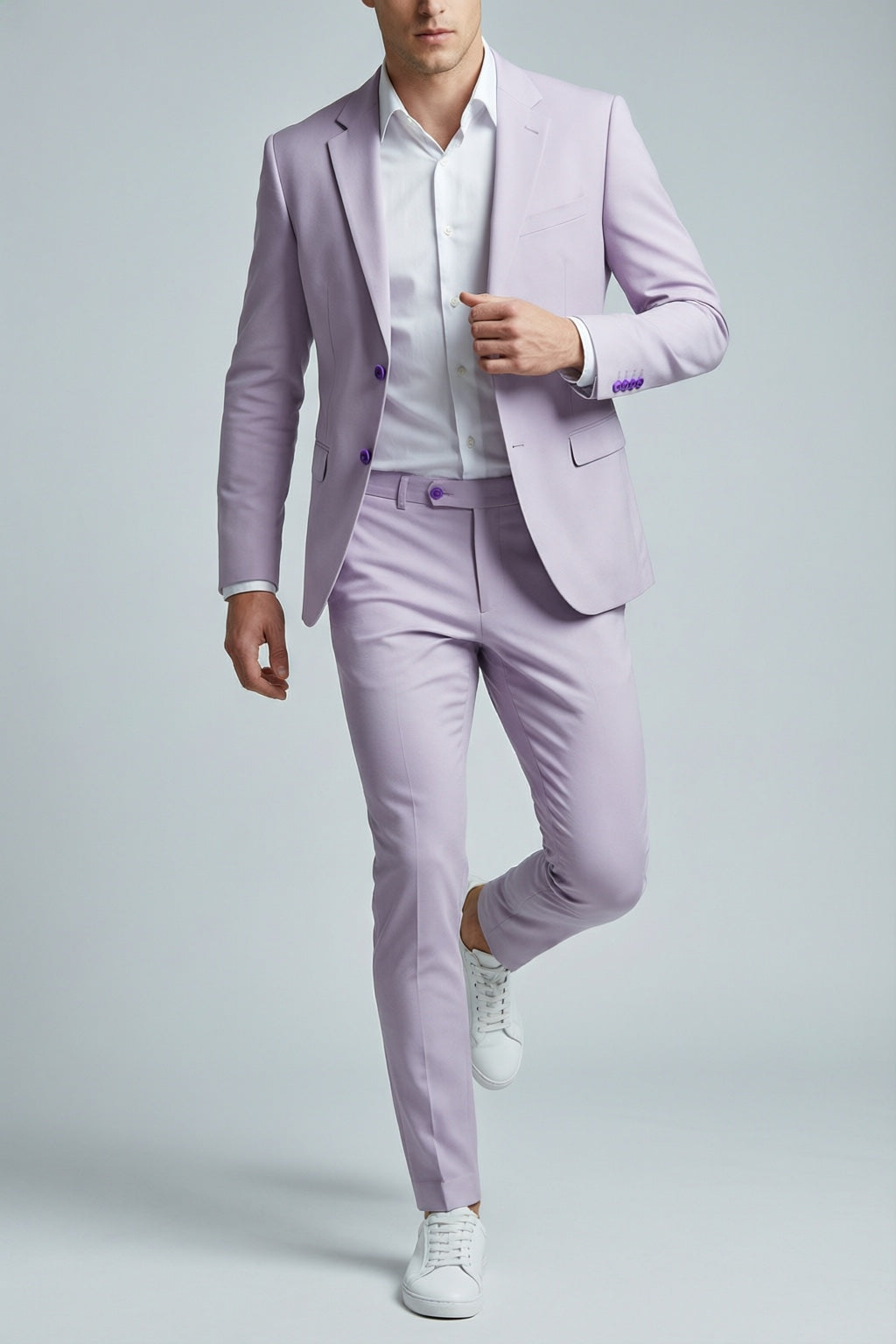 Men's Lavender Motion Stretch Suit — on model with white shirt and white sneakers