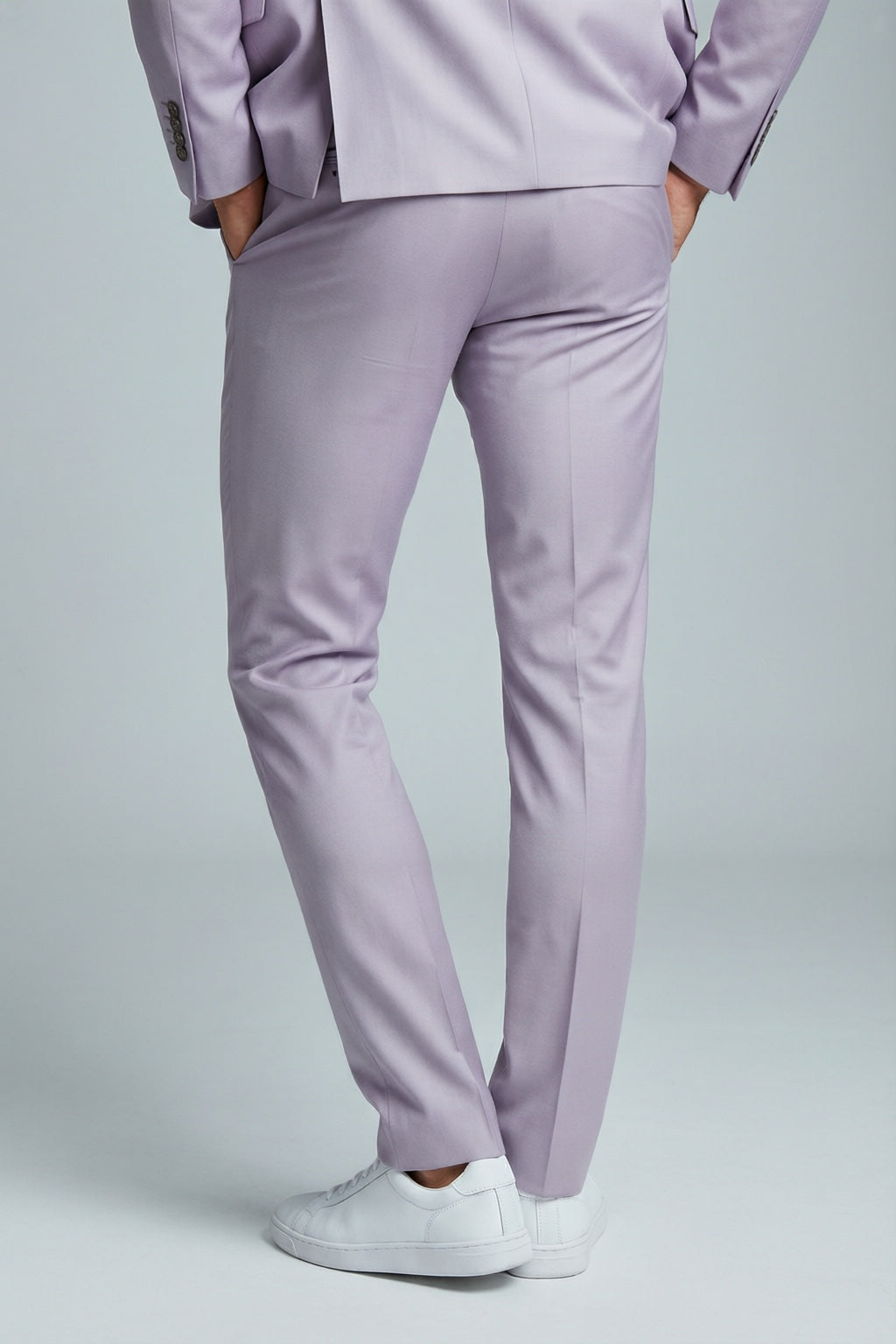 Men's Lavender Motion Stretch Suit — trouser fit and hem detail with white sneakers