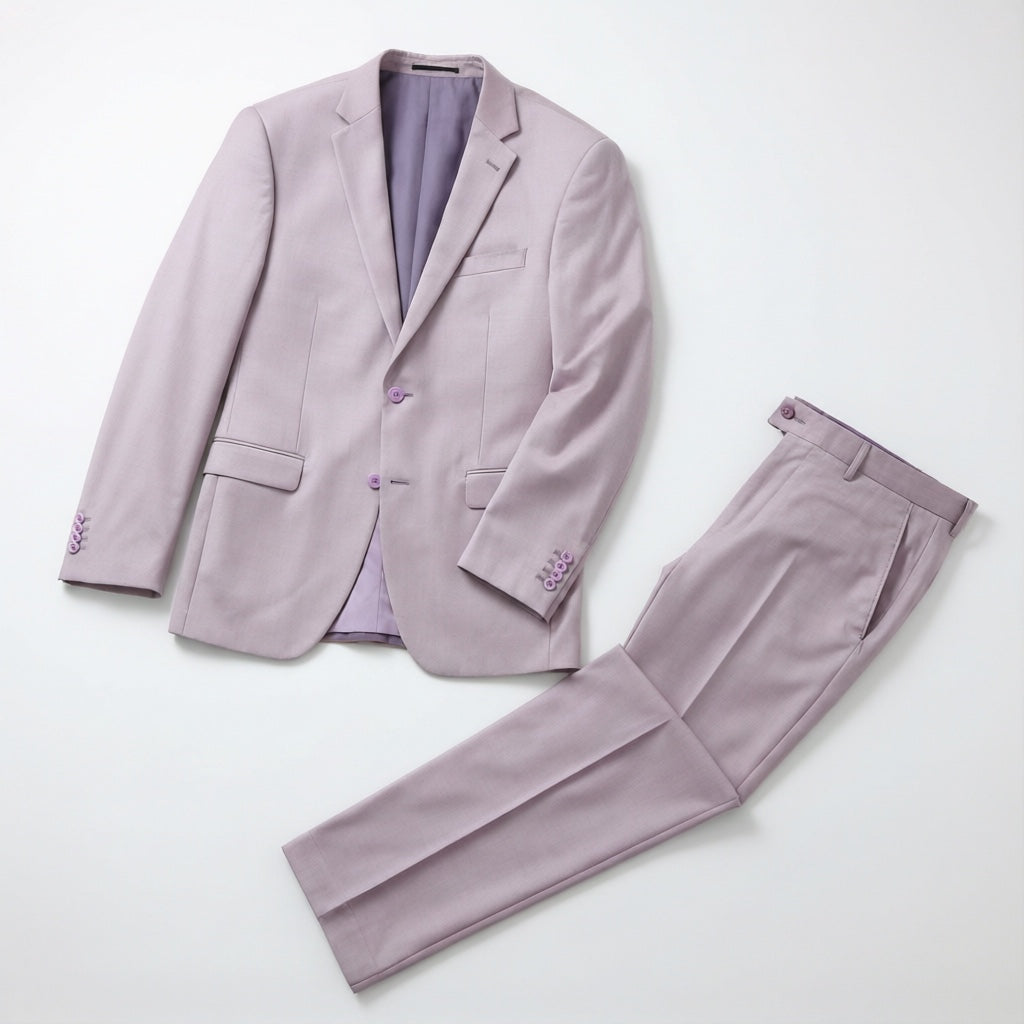 Men's Lavender Motion Stretch Suit laid flat with matching trousers