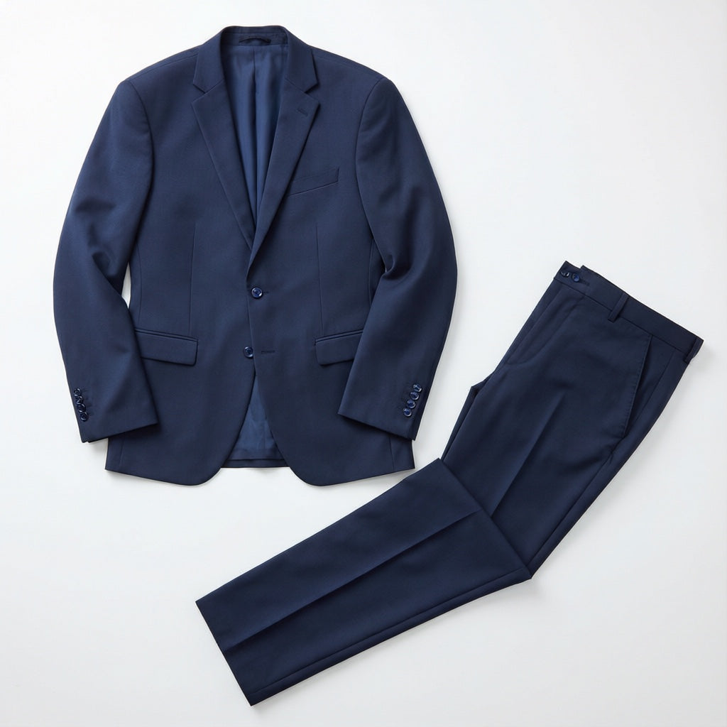Men's Navy Motion Stretch Suit laid flat with matching trousers