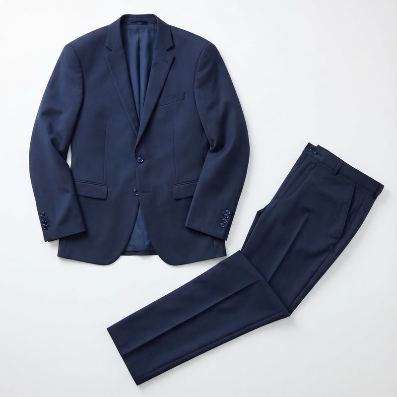 Men's Navy Motion Stretch Suit laid flat with matching trousers