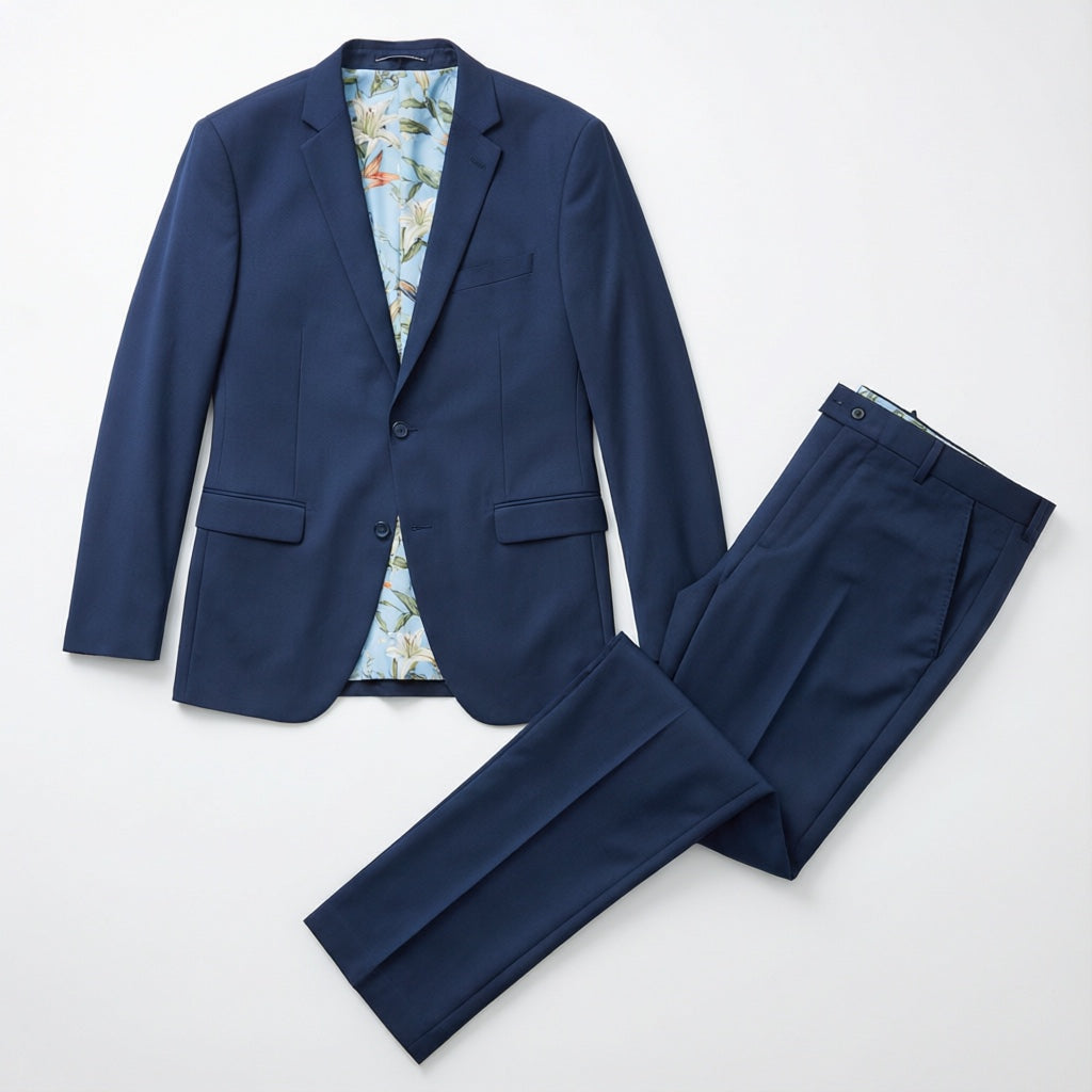 Men's Slim-Fit Navy Stretch Suit laid flat with matching trousers