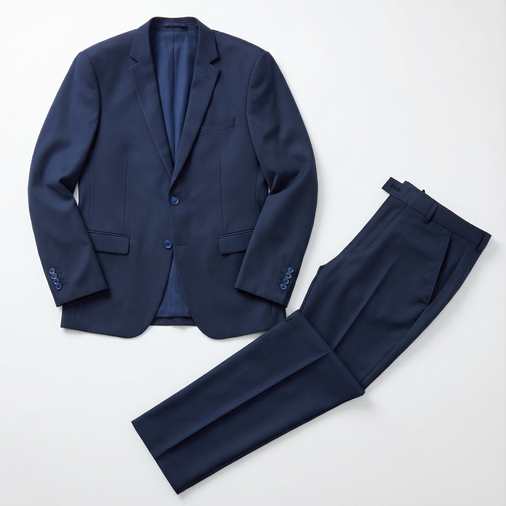 Men's Navy Tailored Stretch Suit laid flat with matching trousers