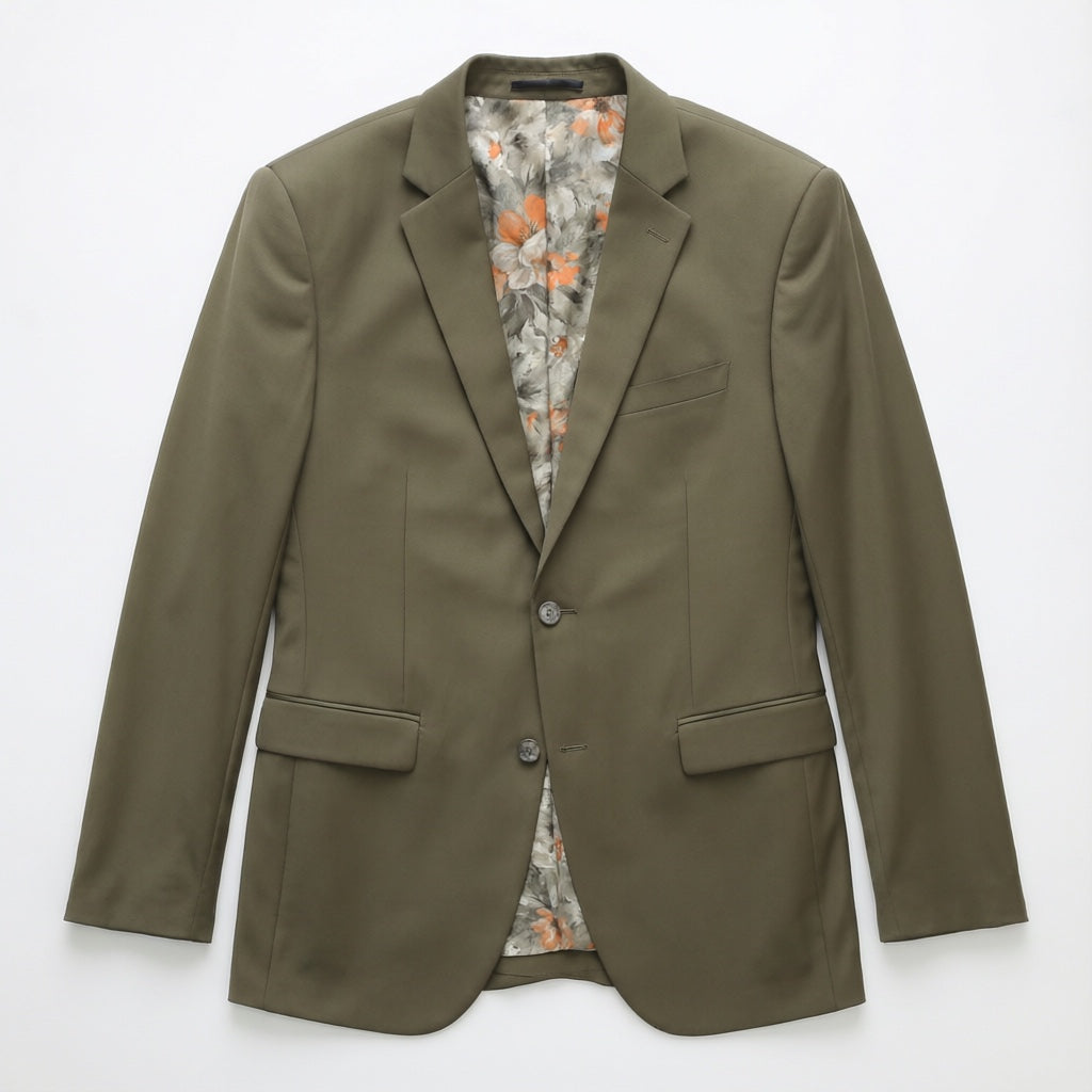 Men's Slim-Fit Olive Green Stretch Blazer laid flat