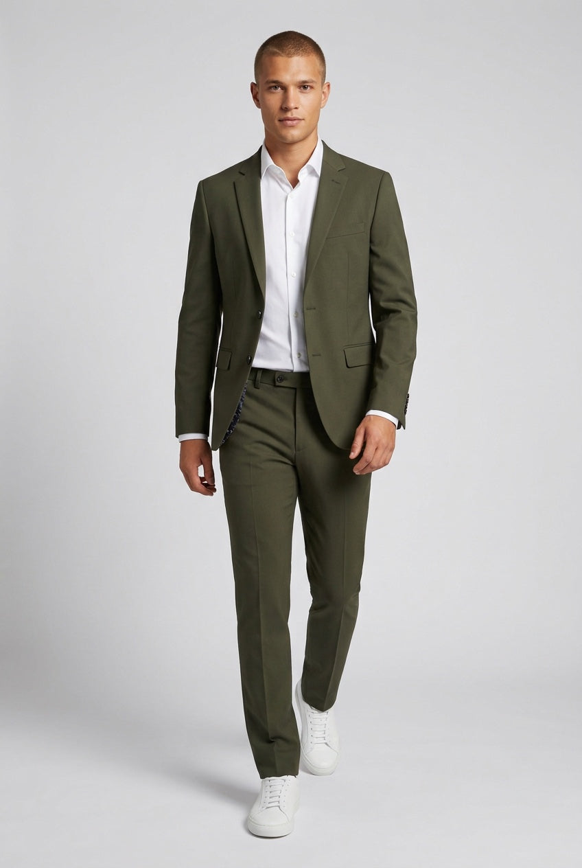 Men's Slim-Fit Olive Green Stretch Blazer — on model with matching trousers, white shirt and white sneakers