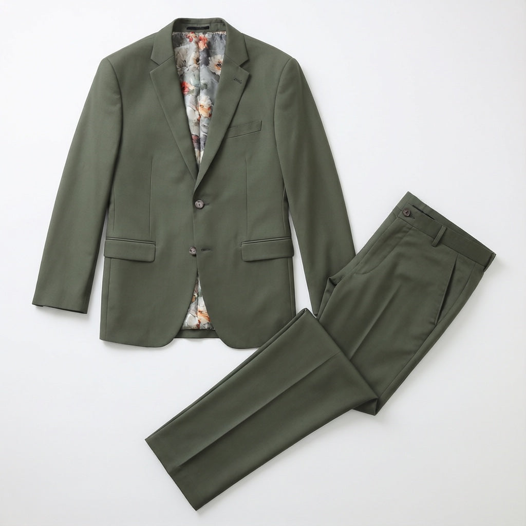 Men's Slim-Fit Olive Green Stretch Suit laid flat with matching trousers