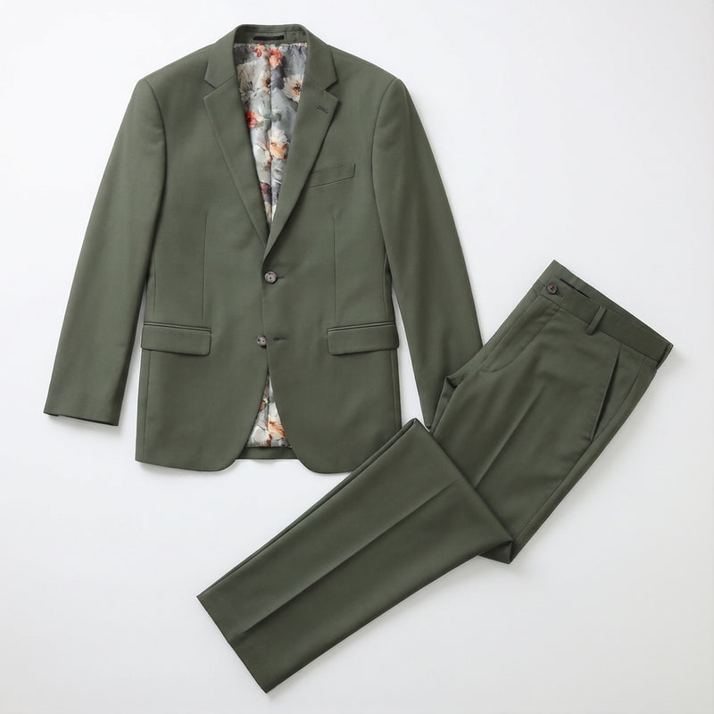 Men's Slim-Fit Olive Green Stretch Suit laid flat with matching trousers