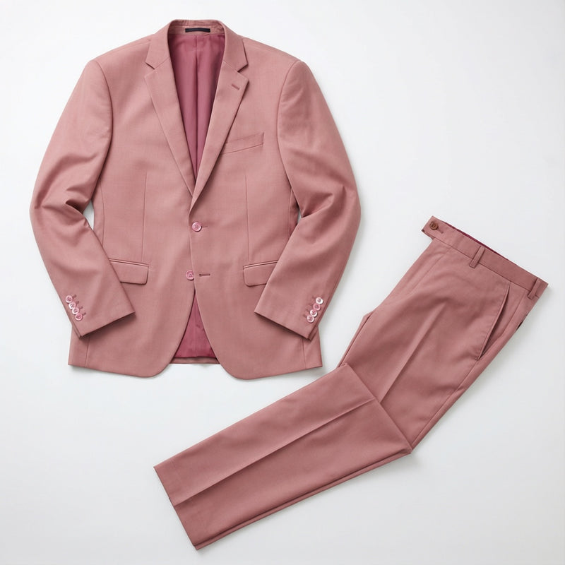 Men's Pink Motion Stretch Suit laid flat with matching trousers