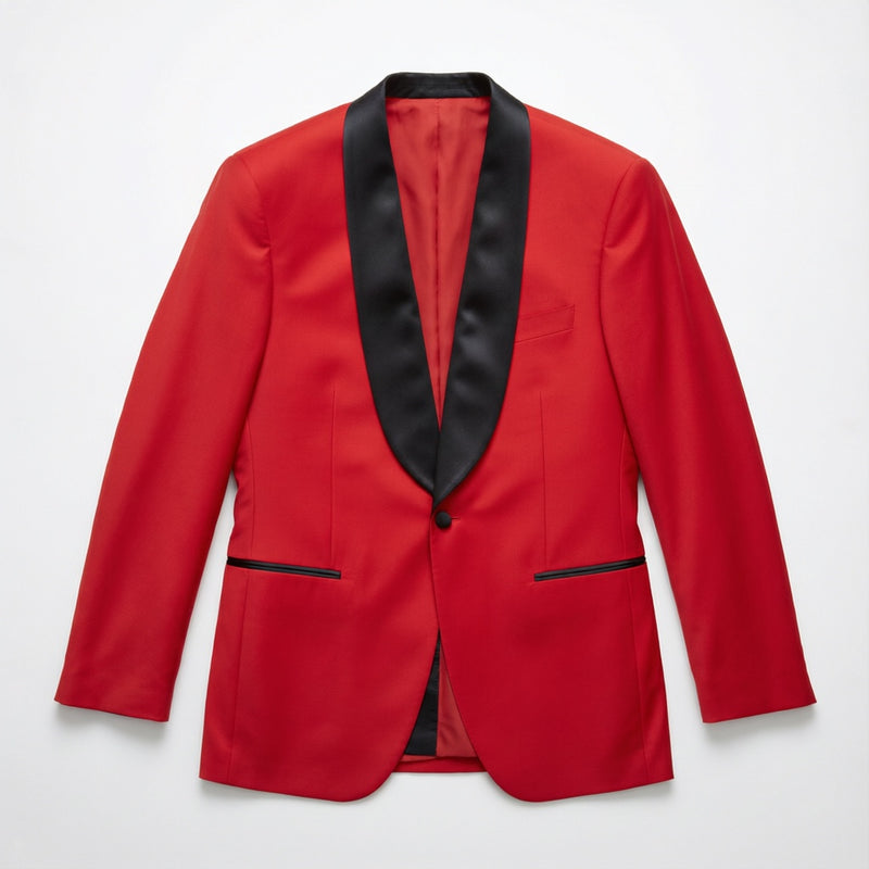 Men's Red Stretch Tuxedo Jacket - Satin Lapel laid flat