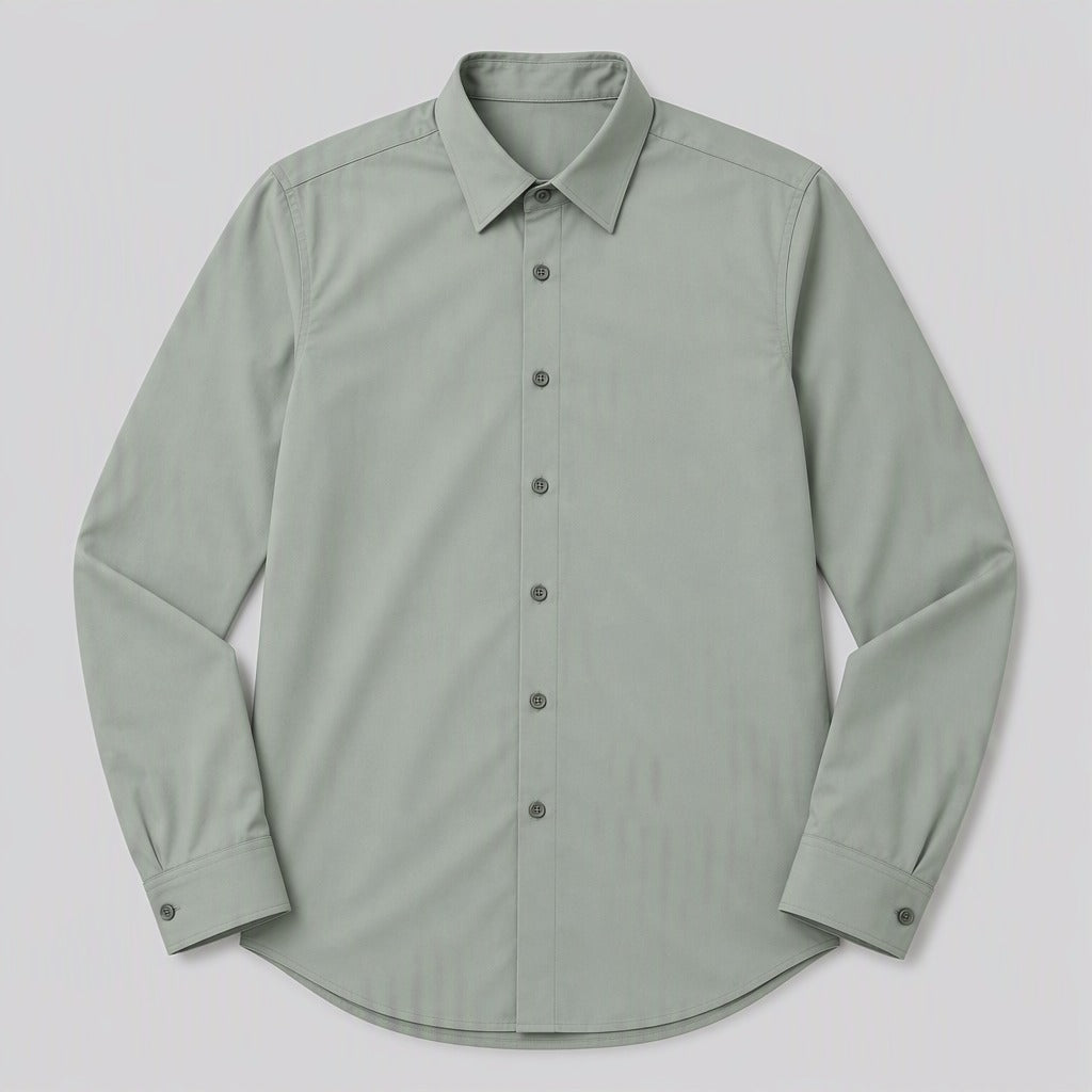 Men's Sage Stretch Dress Shirt — laid flat, front view, pointed collar and seven-button placket