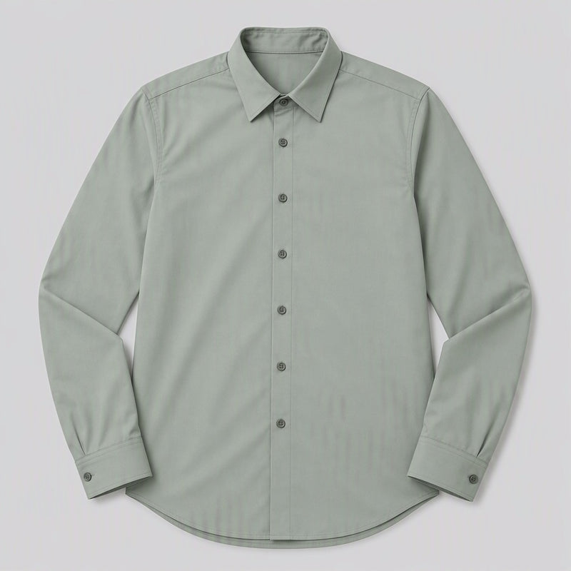 Men's Sage Stretch Dress Shirt — laid flat, front view, pointed collar and seven-button placket
