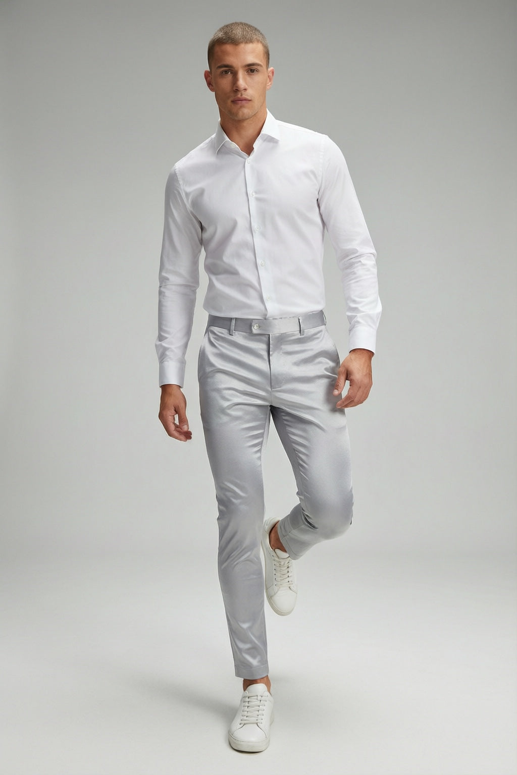 Men's Silver Motion Stretch Dress Pants — on model with white shirt and white sneakers