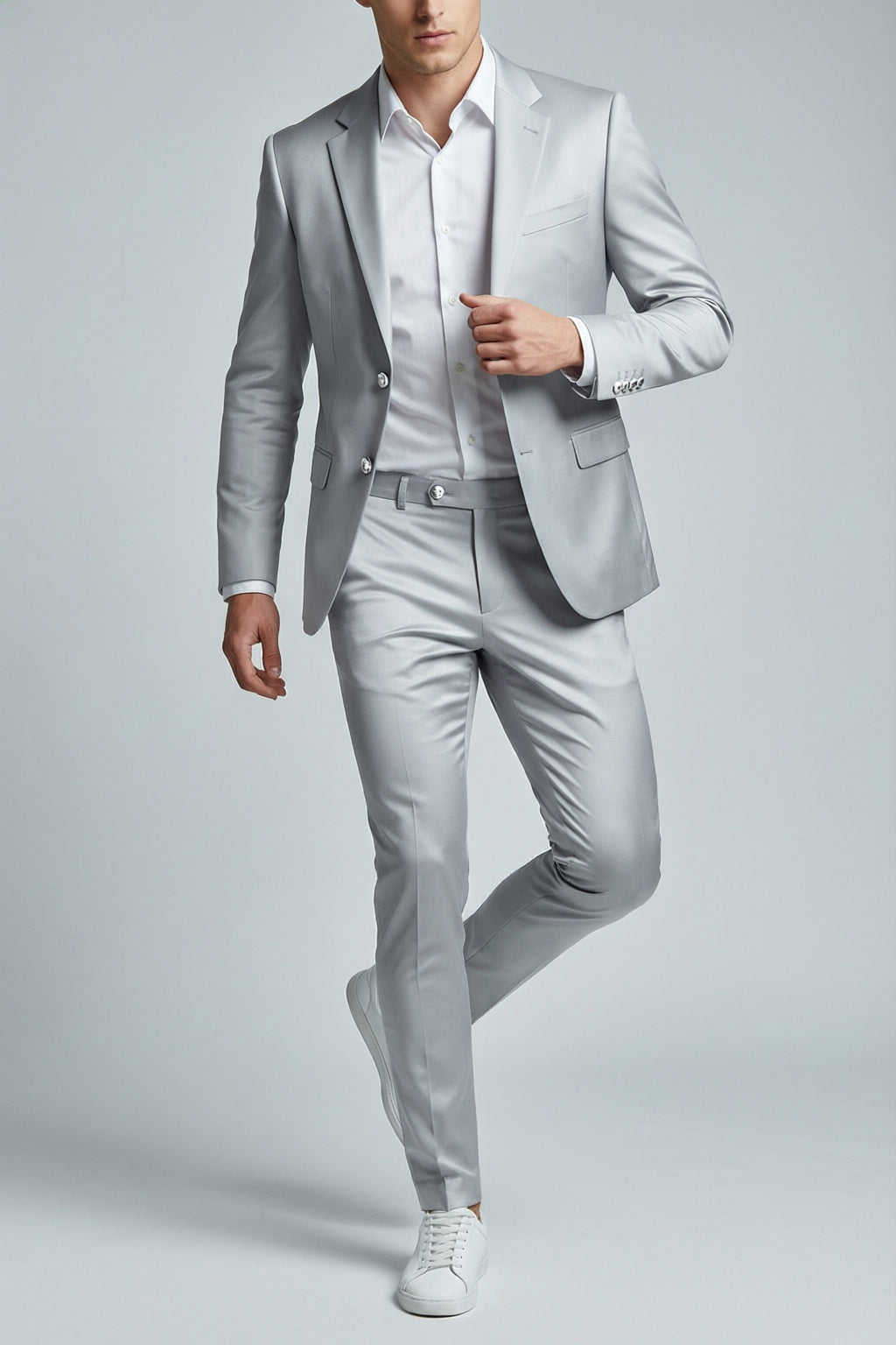 Men's Silver Motion Stretch Suit — on model with white shirt and white sneakers