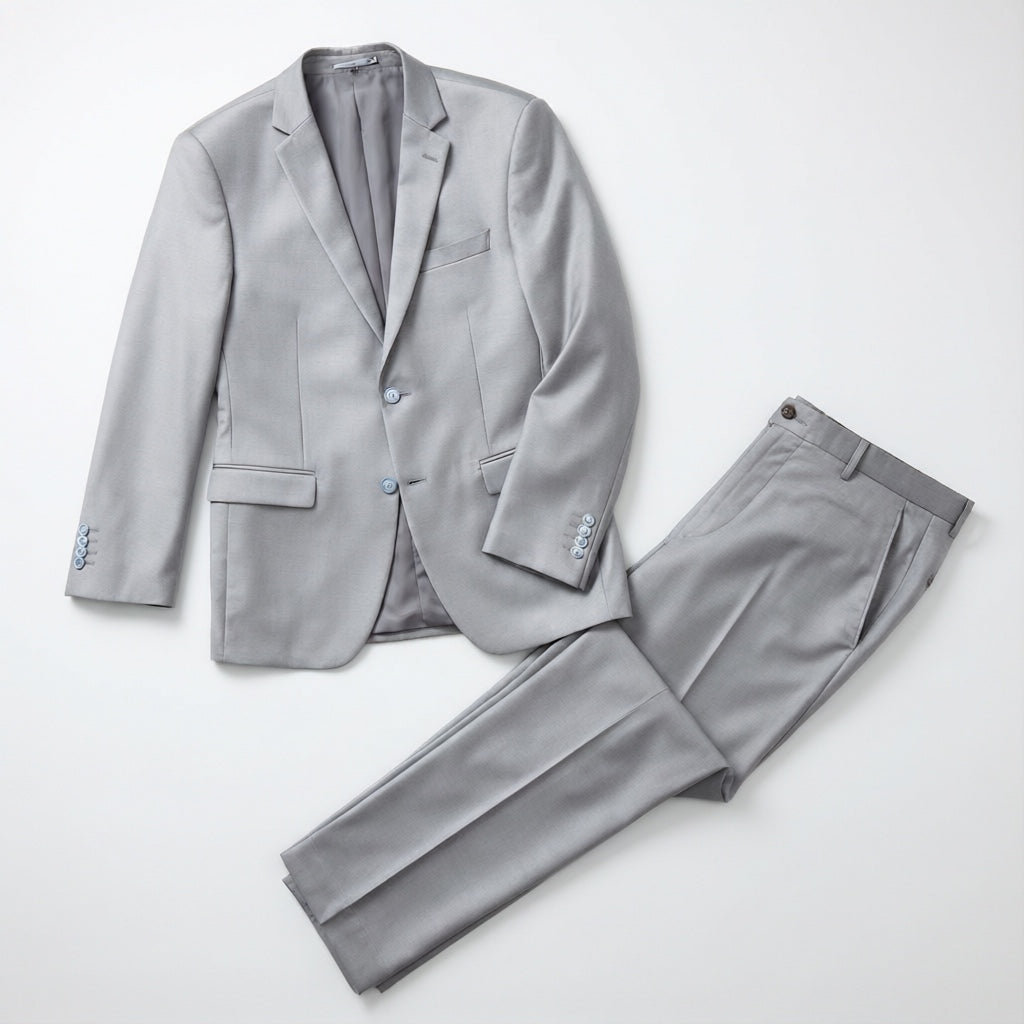 Men's Silver Motion Stretch Suit laid flat with matching trousers