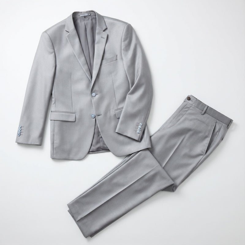 Men's Silver Motion Stretch Suit laid flat with matching trousers