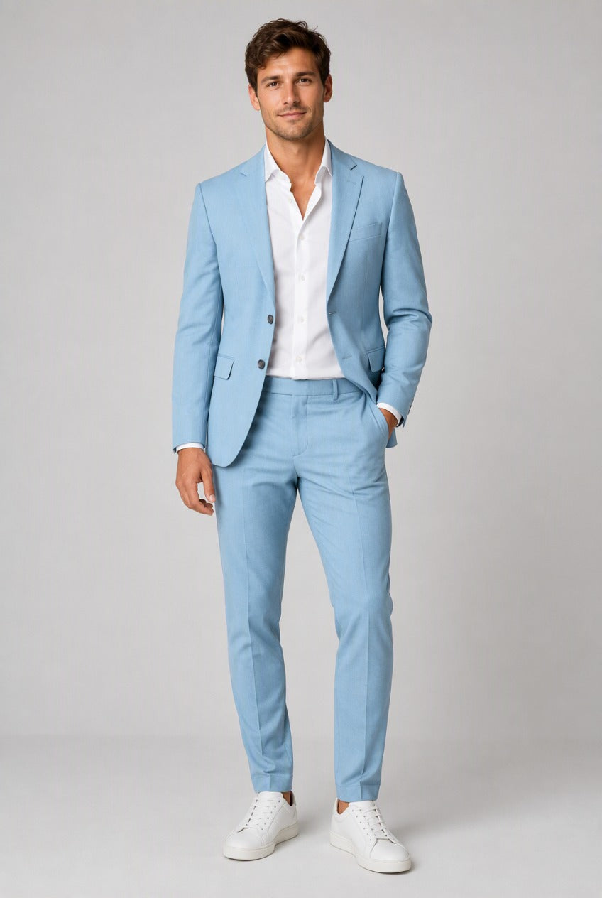 Men's Slim-Fit Sky Blue Stretch Suit — on model with matching trousers, white shirt and white sneakers
