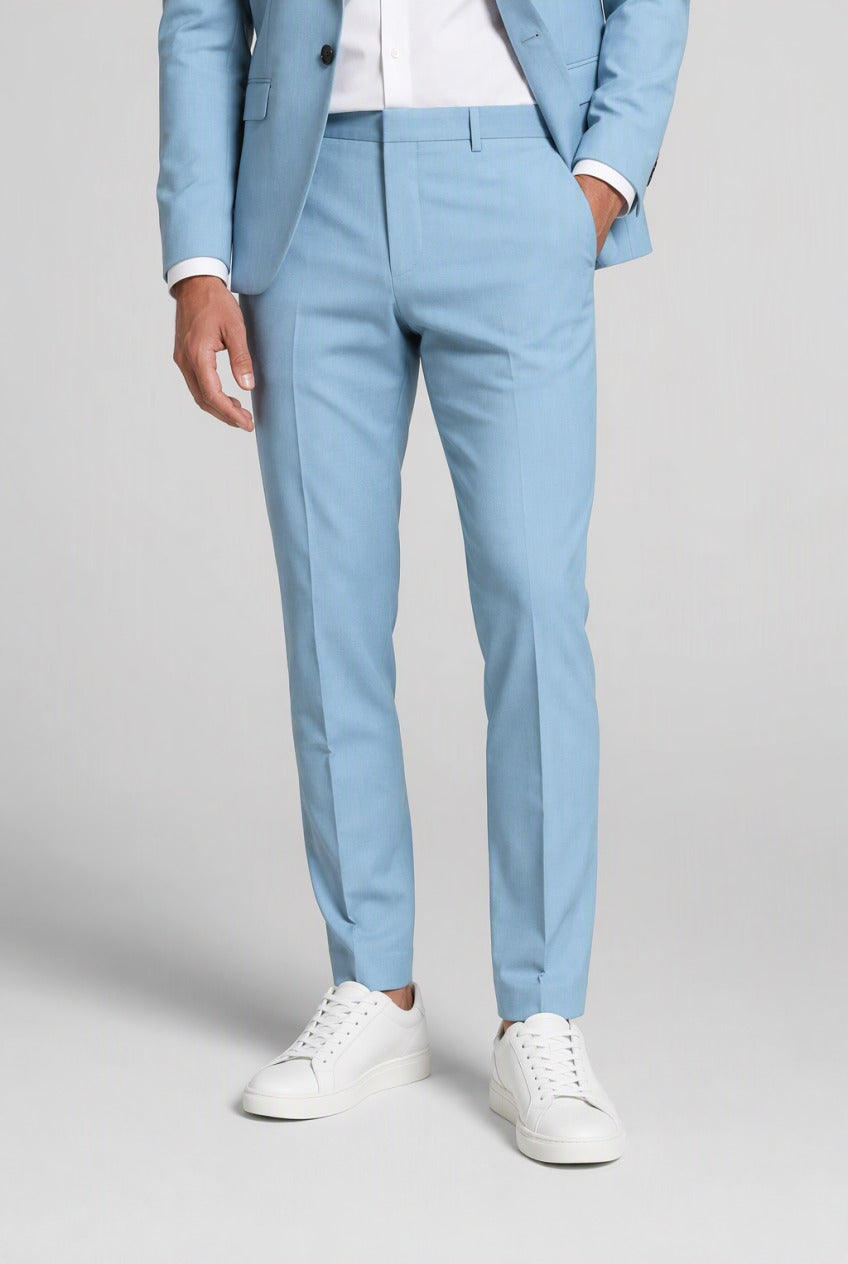 Men's Slim-Fit Sky Blue Stretch Suit — matching trousers, slim-fit leg and hem detail with white sneakers