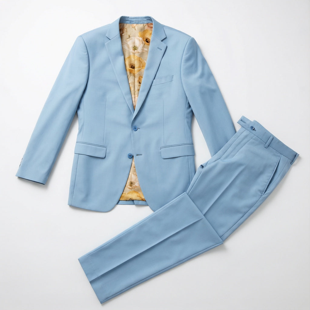 Men's Slim-Fit Sky Blue Stretch Suit laid flat with matching trousers